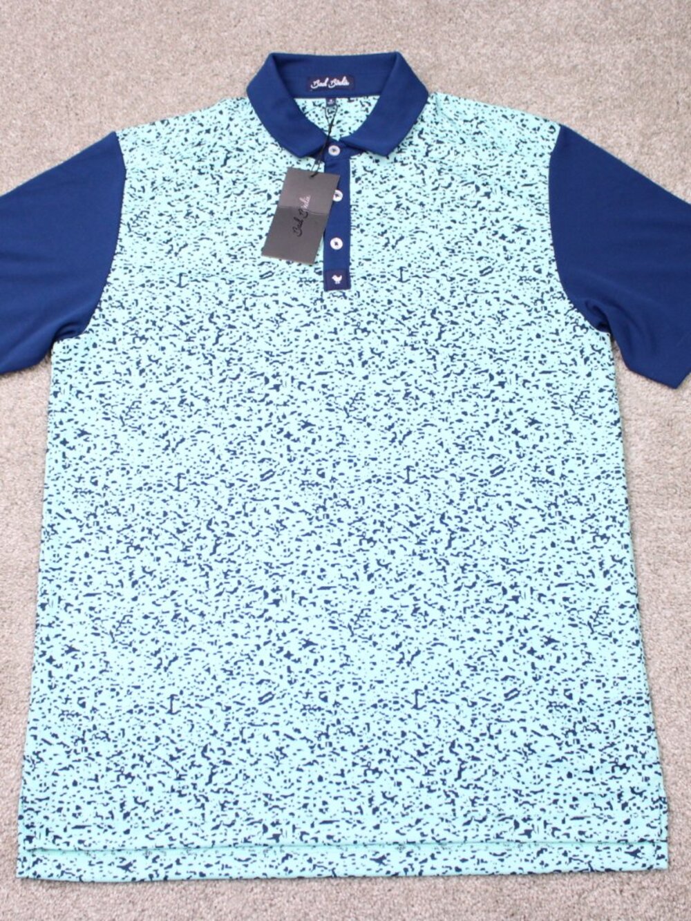 Bad Birdie Elephante Polo Shirt NWT Mens Medium Green/Blue Geometric Golf S/S